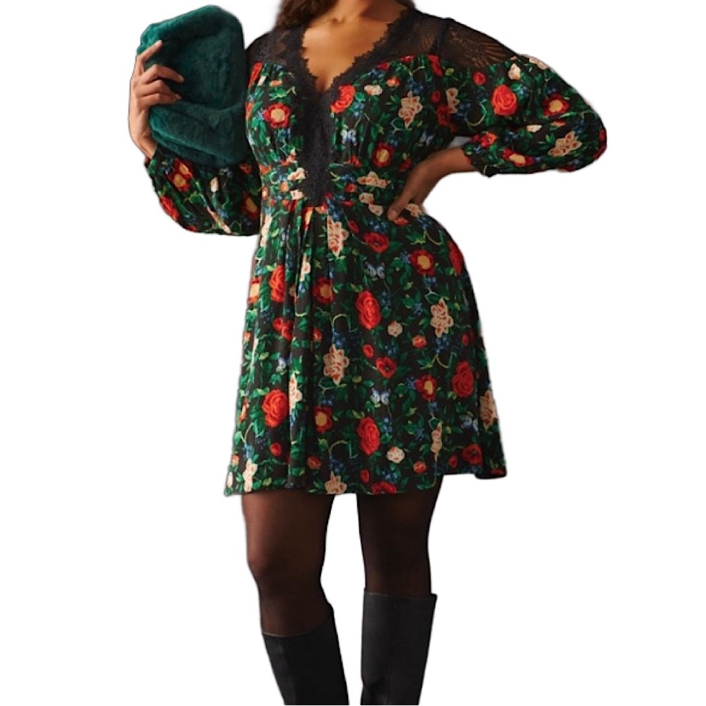 Anthropologie Lacy V Neck Black Floral Mini Dress , size 6